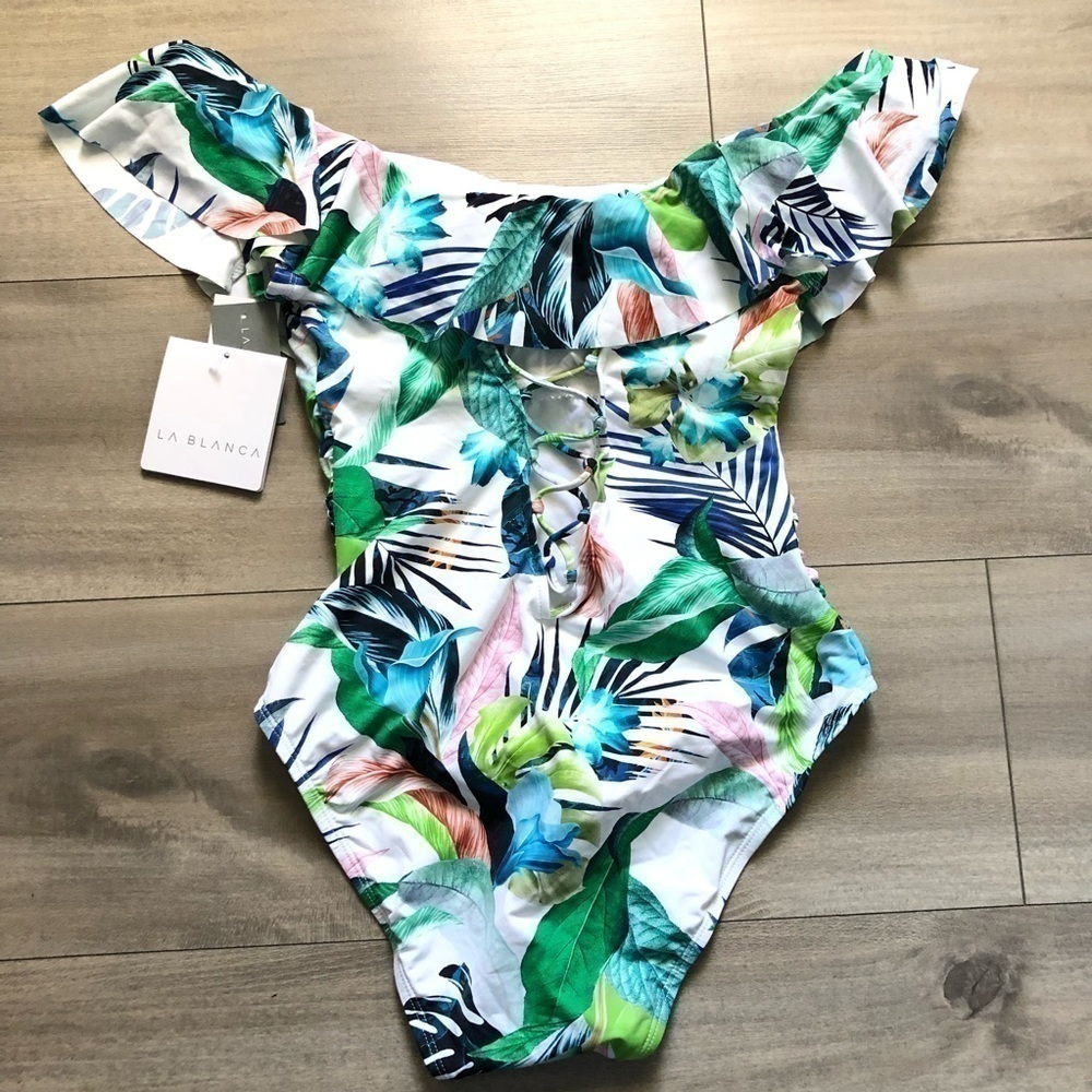 La Blanca Floral Off Shoulder One Piece Swimsuit 6 - Picture 8 of 16